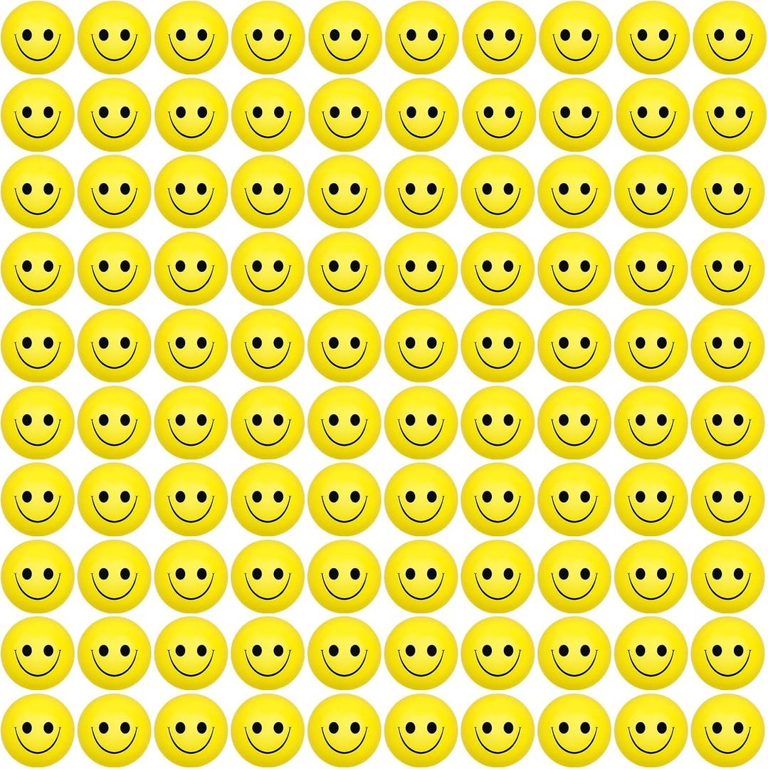 96 Pack Smile Face Stress Balls Bulk 2 Inch Funny Face Stress Relief Balls Yellow Mini Squeeze Balls Foam Smile Face Toys for Finger Exercise, School Prizes, Party Bag Fillers
