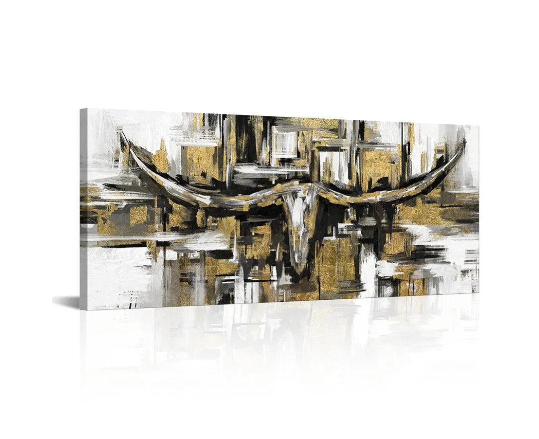 LevvArts Large Size Longhorn Cow Canvas Wall Art Abstract Western Cattle Portrait Painting Black and Gold Grey Artwork for Man Cave Home Office Decor 20"x48" (Gold)