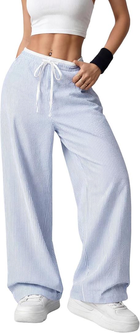 OPOIPIN Women's Striped Wide Leg Pants High Waisted Elastic Waist Casual Lounge Trousers with Pockets (Blue)