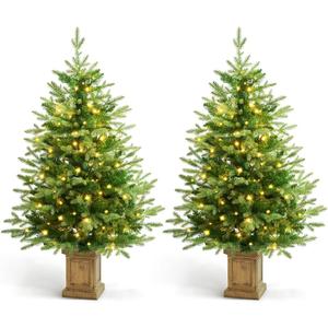 4FT Christmas Tree with 100 Lights, Potted Artificial Christmas Tree Outdoor Decor 8 Mode Timer Waterproof with Real-Like Tips & Round Branches for Front Door, Porch, 2 Pack (Green) (Green)