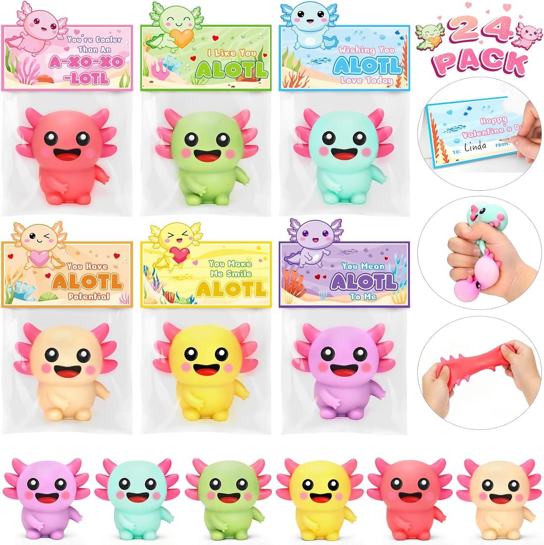 Jumlys Valentines Day Cards for Kids School, 24 Packs Axolotl Squeeze Toys, Valentine Day Party Favors for Boys Girls, Ideal Exchange Cards for Classroom