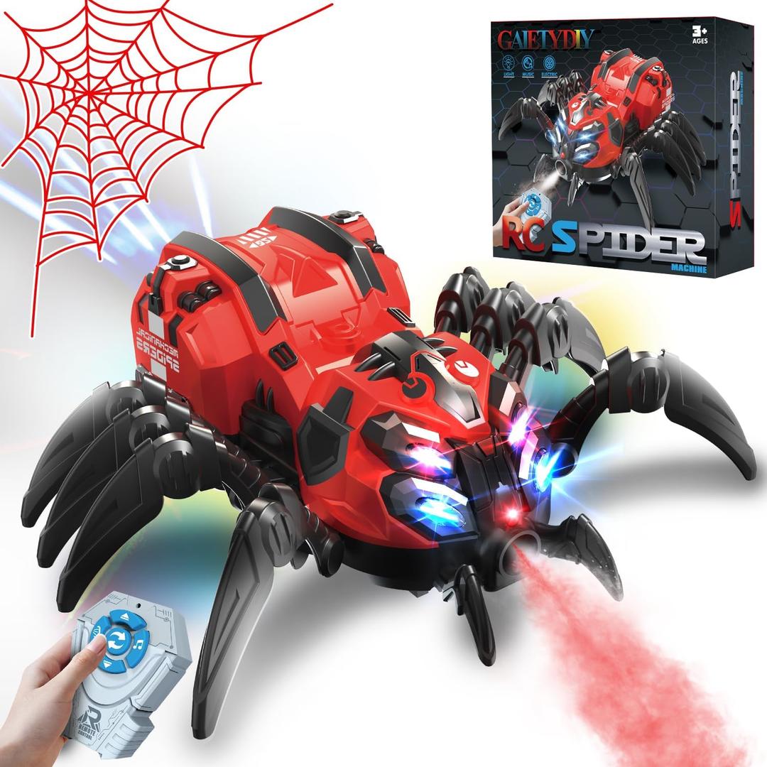 Remote Control Spider Toy, Robot Spider with 2.4 GHz Remote Controller, RC Spider Stunt Robot with Spray/Lights/Music, Realistic Spider Gift for Boys Girls, Halloween, Christmas, Toys for Party Prank (Red)