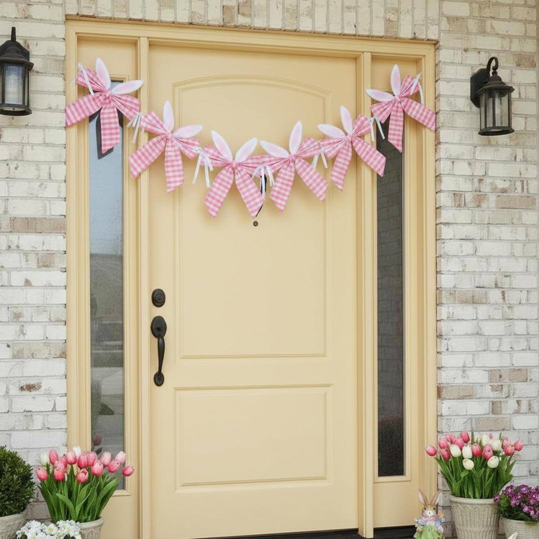 Easter Bunny Ear Garland Pink Gingham Bow Garland with Bunny Ears Coquette Easter Rabbit Banner Hanging Decor for Spring Birthday Baby Shower Party Supplies Home Wall Window Decoration