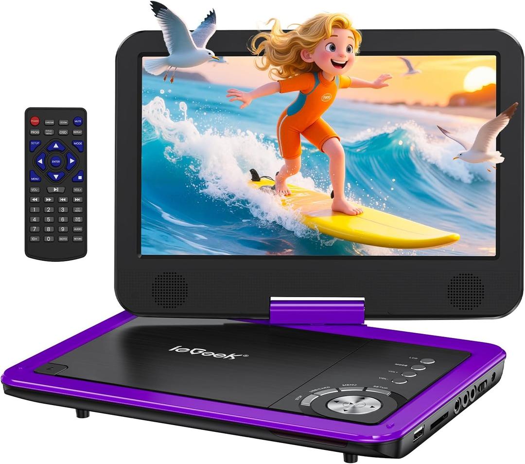 ieGeek Portable DVD Player 12.5", with 10.5" HD Swivel Screen, Car Travel DVD Players 5 Hrs Rechargeable Battery, Region-Free Video Player for Kids Elderly, Remote Control, Sync TV, USB&SD, Purple
