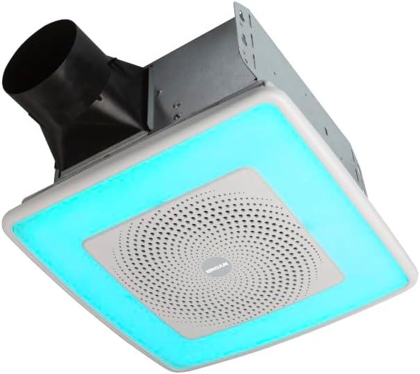 Broan-NuTone SPK110RGBL ChromaComfort Bathroom Exhaust Fan, 110CFM/1.5 Sones, with Sensonic Bluetooth Speaker and 24-color LED Light, Wall Switch included, White