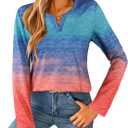 SOFIA'S CHOICE Women Ombre Long Sleeve T Shirts Women Basic Casual V Neck Shirts Blue Pink Large (L)