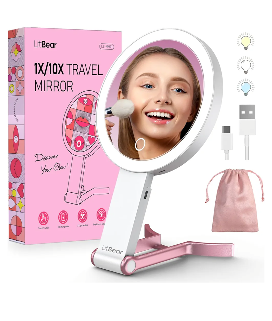 LitBear Travel Makeup Mirror with Lights, Rechargeable Double-Sided 10X/1X Magnifying Mirror, Portable Lighted Beauty Mirror, 3 Color Lighting, Dimmable Touch Screen, Tabletop Handhold Hanging (White)