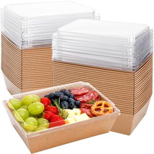 Hiceeden 50 Pack Charcuterie Boxes with Clear Lids, 8.4"5.7"2.8" Paper Bakery Dessert Sandwich Box, Disposable Large Food Containers for Cookies, Donuts, Muffins, Salad, and Pastry, Brown