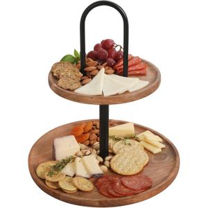 Gibson Home Gracious Dining 2-Tier Round Acacia Wood Serving Tray  Rustic Charcuterie Board Stand with Black Iron Handle  Tiered Party Platter, Dessert Display or Lazy Susan for Entertaining