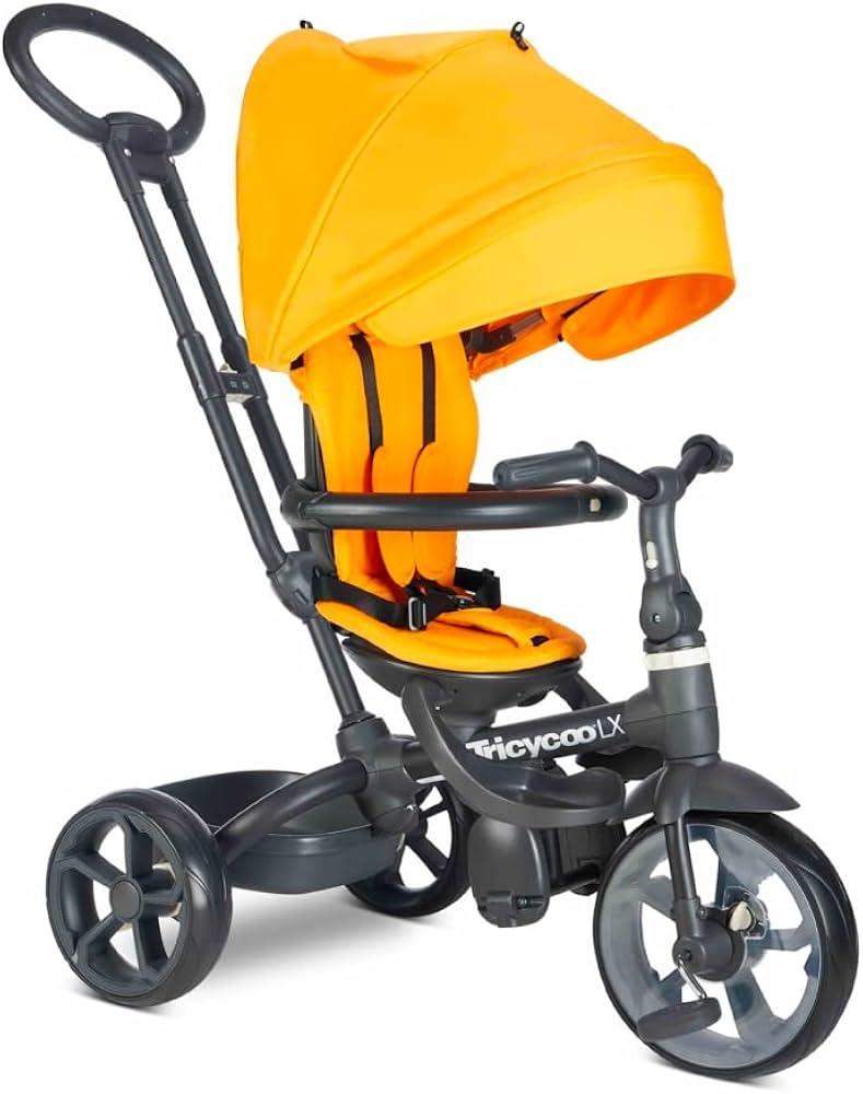 Joovy Tricycoo LX Premium Kids Tricycle with 8 Stages Featuring Chunky Front Tire, Removable and Adjustable Parent Handle, Machine-Washable Seat Pad, and Retractable Canopy, Yellow, 1 Count (Pack of 1)