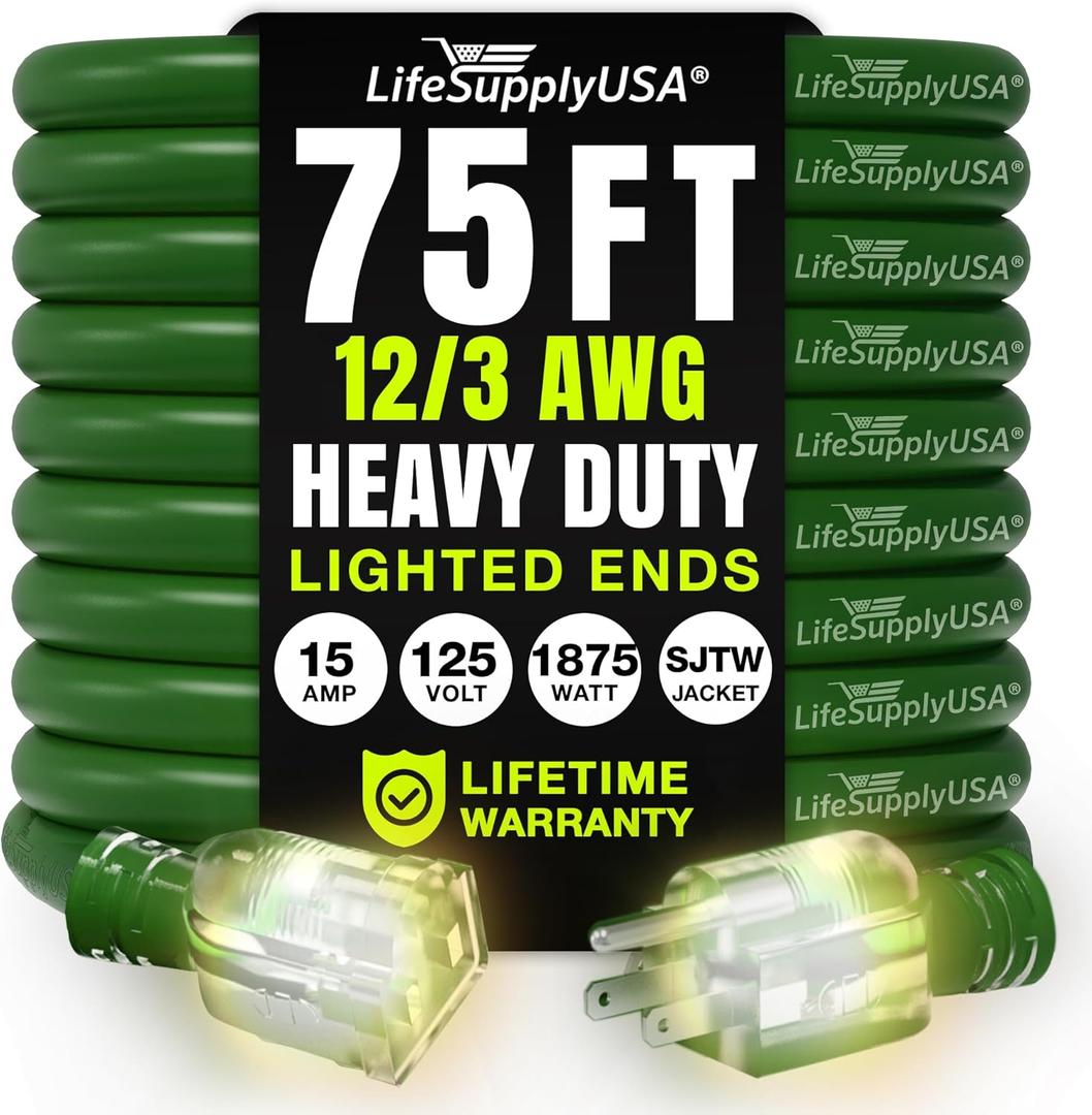 75ft Outdoor/Indoor Extension Cord 10/3 Gauge Ultra Heavy Duty 3 Prong SJTW, Waterproof, Flexible Cold-Resistant Long Power Cord,125 Amp 1875W, Black by LifeSupplyUSA (75 FT, Green),  10 Gauge (ULTRA HEAVY DUTY)
