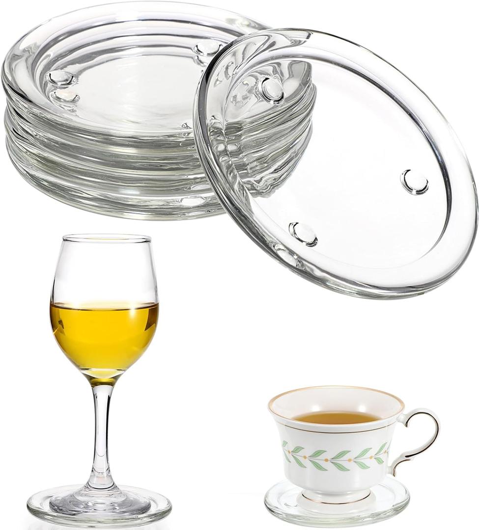 JUXYES Set of 5 Glass Coasters Round Cup Mat, Clear Glass Coasters for Drinks Coffee Tea Wine, Decorative Wine Bottle Coaster Crystal Drink Coaster for Restaurant Kitchen bar Dining Table, 4 Inch