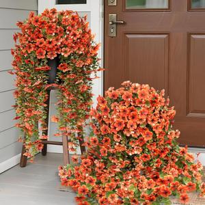 29" Artificial Hanging Flowers Potted Plants - 2 Set for Outdoor Fall Decoration, Faux Petunia with Fake Eucalyptus for Outside Front Door Garden Farmhouse Home Thanksgiving Autumn Decor (Orange)
