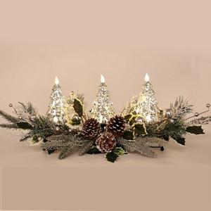 Christmas Table Centerpiece with LED Lights, Silver Christmas Tree Decoration, Natural Pine Cones, Christmas Balls for Holiday Party, Home, Fireplace