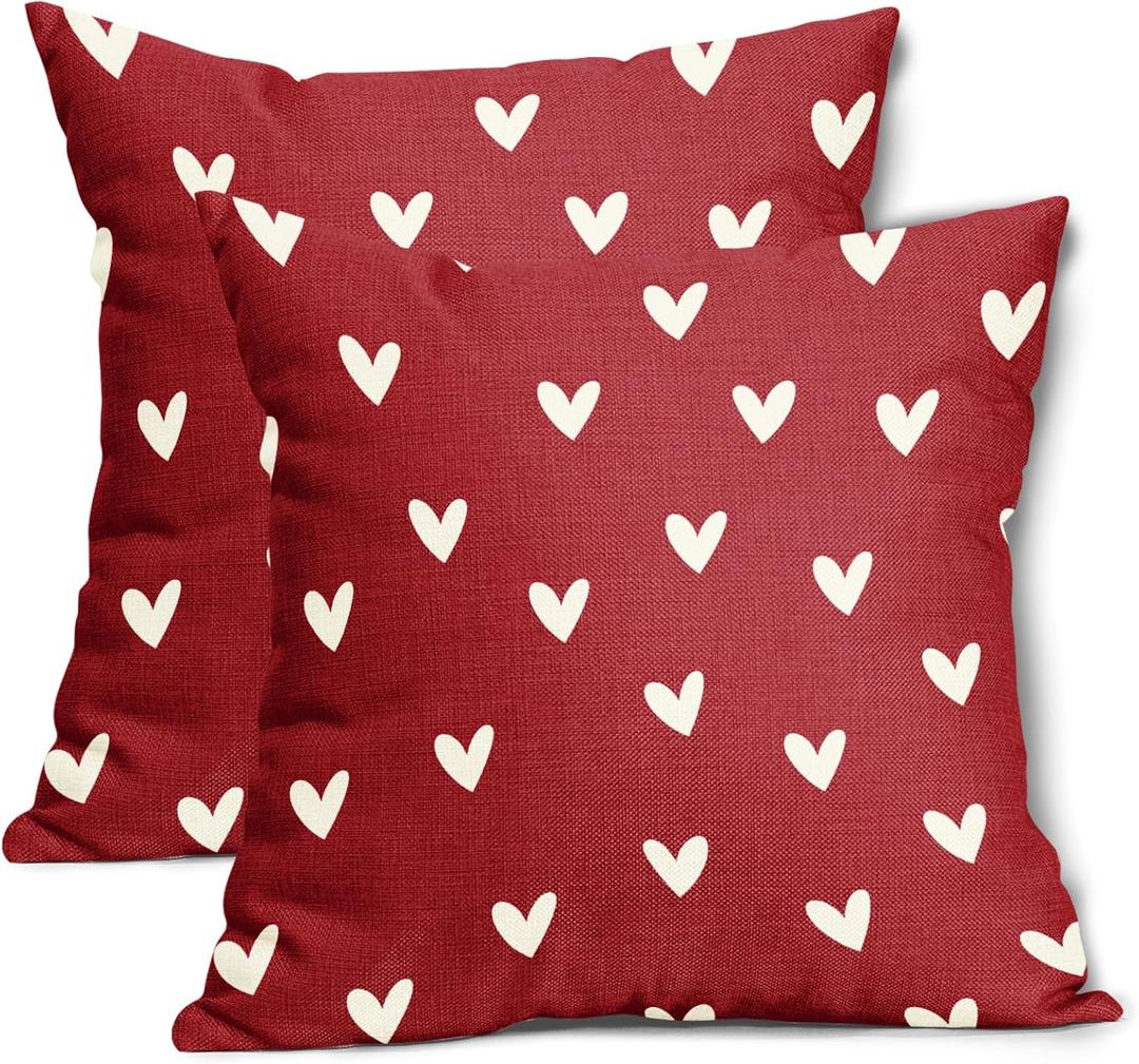 Valentines Day Pillow Covers 16x16 Inch Set of 2 White Heart Red Cotton Linen Decorative Throw Pillow Case Mothers Day Cushion Covers for Bedroom Sofa Living Room Chair Home Decor