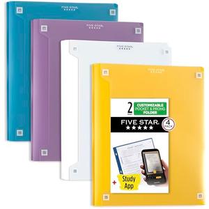 Five Star 2-Pocket Folder + Study App, 2 Pack, Plastic Folder with Prong Fasteners and Customizable Clear Cover, Holds 8-1/2" x 11" Paper, White, Purple, Yellow, Blue (340220B-ECM)