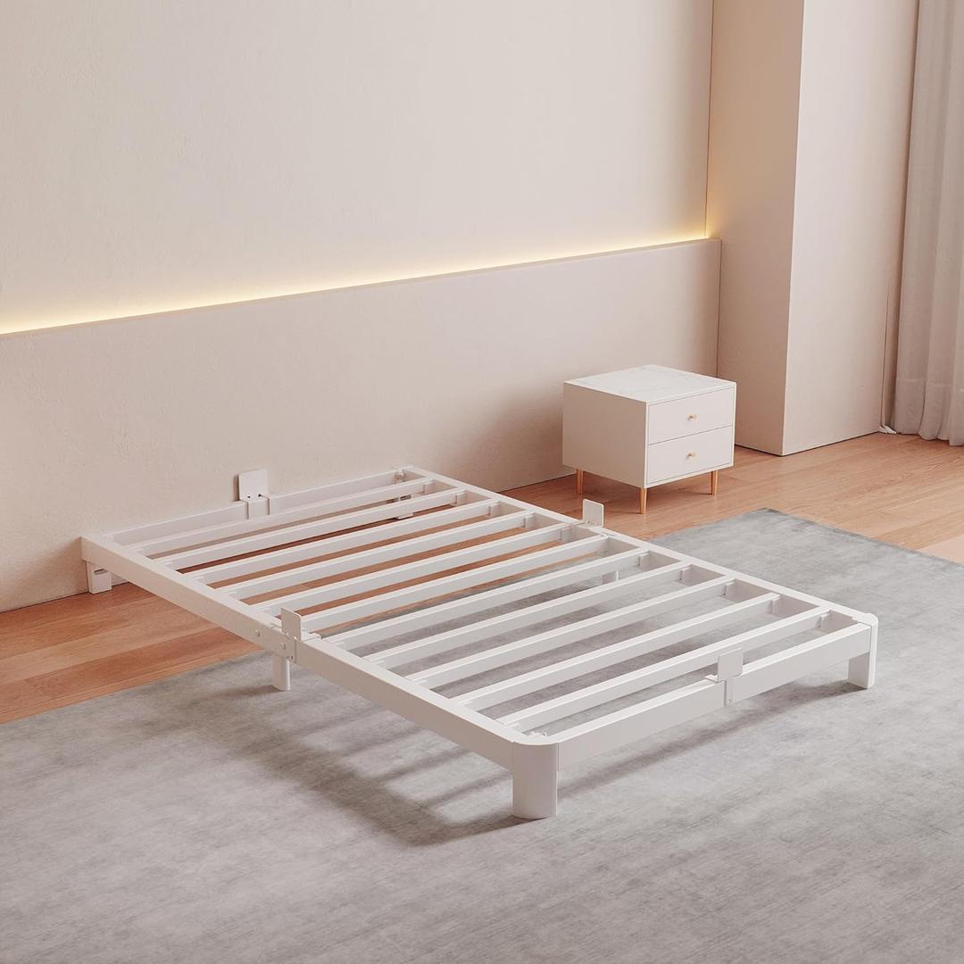White Low Twin Bed Frame, 4 Inch Low Profile Twin Bed Frame No Box Spring Needed with Mattress Stoppers, DIY Headboard, Heavy Duty Beds Support 3000 LBS, Rounded Legs, Easy Assembly, Noiseless