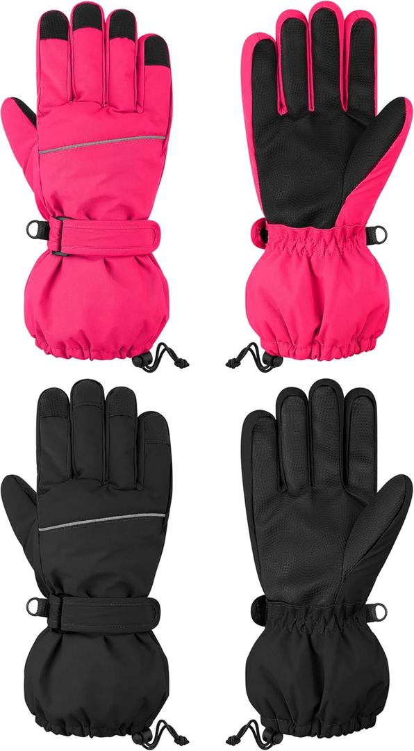 Cooraby 2 Pairs Kids Snow Ski Gloves Winter Waterproof Warm Gloves for Boys Girls Cold Weather Outdoor (3-6 Years, Black, Hot Pink)
