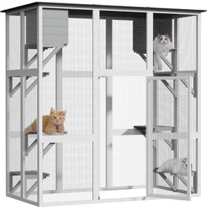 Catio Outdoor Cat Enclosure, Large Kitty House Cat Condo Playpen with Platforms & Living House for Mulitiple Cats with Waterproof Roof 71", White