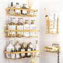 5 Pack Shower Caddy Organizer Rack Shelf for Inside Shower, Self Adhesive Wall Storage Basket Rustproof Stainless Steel Shampoo Holder Bathroom Accessory Decor Set, Gold