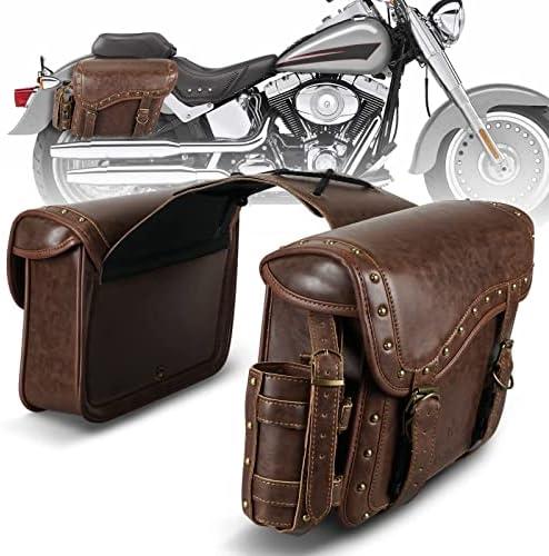 NICECNC Motorcycle Saddle Bags, PU leather Motorcycle Saddlebags, Reinforced Straps & Saddle Piece, with Cup Holder, Throw Over Saddle Bags Side Bags Universal Motorcycle Accessories, BROWN