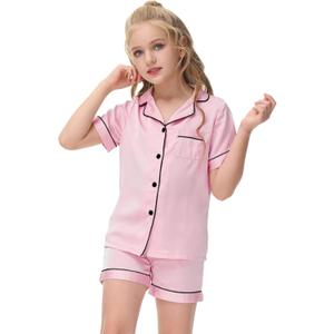 Veseacky Girl's Satin Pajamas Set Short Sleeve Button Sleep Shirt with Silky Shorts Set PJ for Teens (Pink,Size 12)