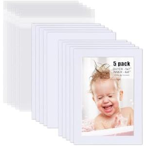 Egofine Pack of 5 White Pre-Cut 5x7 Picture Mat for 4x6 Photo with White Core Bevel Cut Mattes Sets. Includes 5 High Premier Acid Free Mats & 5 Backing Board & 5 Clear Bags