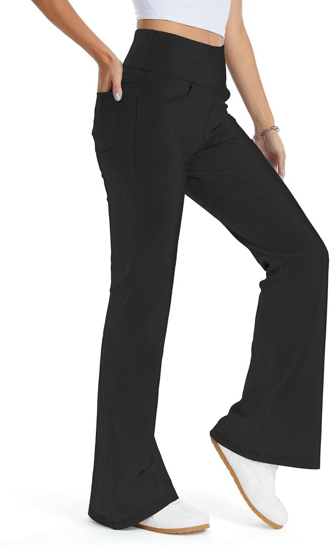 THE GYM PEOPLE Women's Tummy Control Bell Bottom Jeans High Waisted Wide Leg Flare Pants Jeggings with Pockets (Black, L)