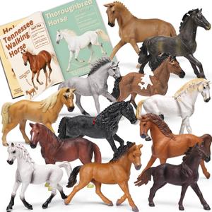 12 Pack Plastic Horse Toys Set with Educational Booklet and Gift Box, Realistic Horse Figurines for Toddler 1-3, Pony Party Decoration, Cake Topper, Birthday Holiday for Boy Girl Kid