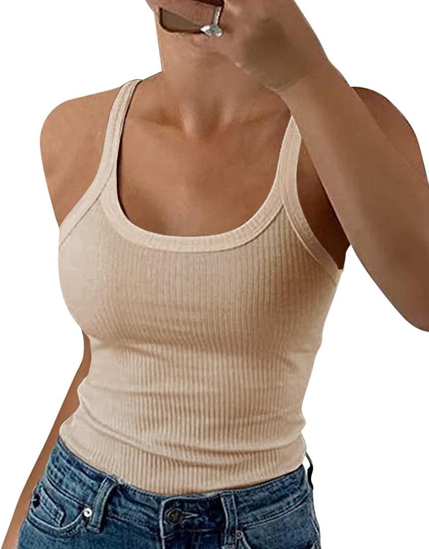 GEMBERA Women Spaghetti Strap Scoop Neck Ribbed Tank Tops Slim Fitted Cotton Camisole Basic Sleeveless Layering Shirts (X-Small)