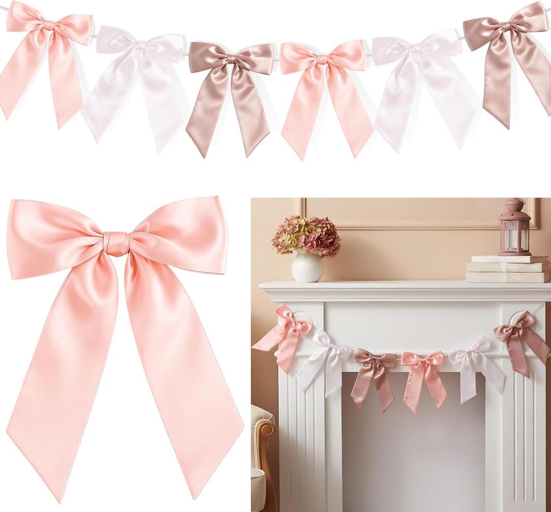 Boao Satin Bow Garland Banner 6.6ft Hanging Bow Party Decorations for Birthday Coquette Party, Valentine Christmas Baby Shower, Wedding, Bridal Shower Holiday Photo Backdrop Decor(Pink White)