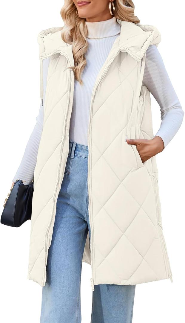 MEROKEETY Womens Sleeveless Quilted Long Puffer Vest Hooded Full Zip Jacket Coats with Pockets (Beige)