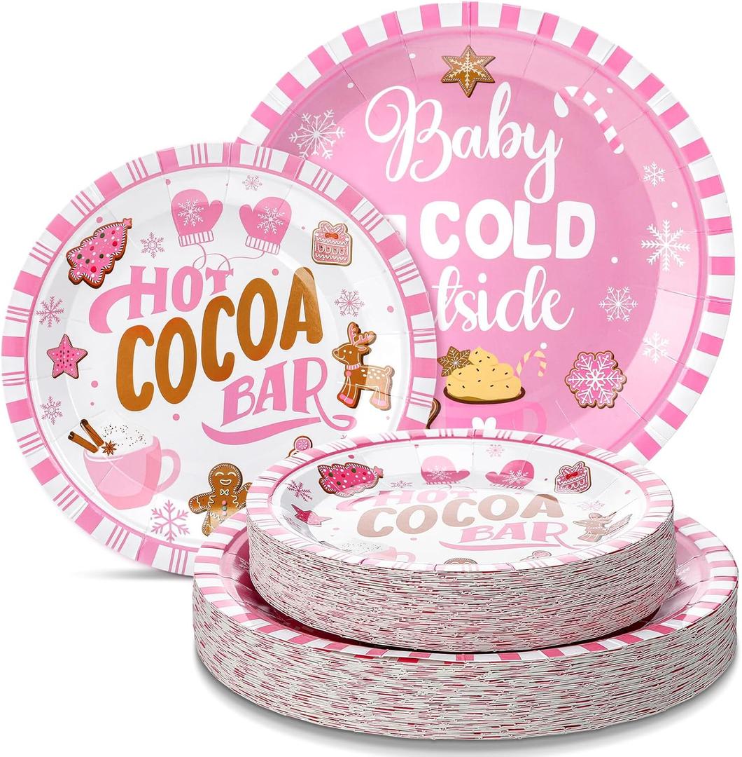 2 x Suclain 100 Pcs Christmas Hot Cocoa Pink Baby Its Cold Outside Paper Plates Baby Shower Gingerbread Men, Stars Snowflakes Party Supplies Disposable Set for Winter New Year Xmas Serves 50 Guests