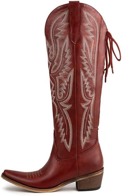 Atuelang Western Cowboy Boots for Women Knee High Wide Calf Lace Up Embroidered Cowgirl Boots (10)