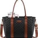 LOVEVOOK Teacher Tote Bag for Women, Quilted Work Tote Nurse Laptop Bag, Large Computer Shoulder Bags with Zipper for Travel (15.6 Inch, Black-brown-b)