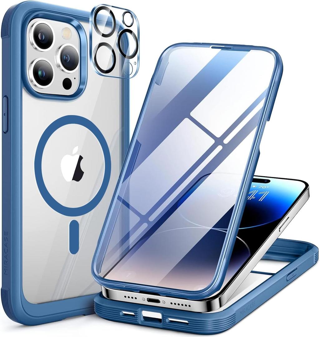 Miracase Magnetic for iPhone 14 Pro Max Case 6.7 inch, (Compatible with MagSafe) Upgrade Full-Body Clear Phone Bumper Case with Built-in 9H Tempered Glass Screen Protector, Magnetic Capri Blue