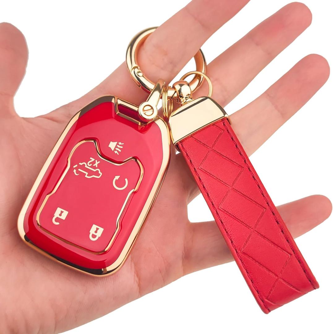 OLLEN 5-Button TPU Key Fob Cover, Fit for GMC Acadia 2017-2025, for Terrain 2018-2025, Fit for Sierra 2019-2025, for Chevy Silverado 2019-2022, Full Protection Soft TPU Key Case, with Keychain, Red