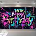 Glow in The Dark 16th Birthday Banner 71x43 Inch Colorful Paint Splatter Backdrop for Teen Boys Girls Fourteenth Party Decorations Neon Wall Decor Celebration Photo Booth Props Supplies