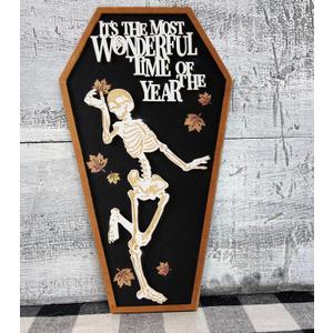 Spooky Farmhouse Halloween Wooden Signs with Sayings 12H x 6.5W, Cute Fun Farmhouse Skeleton Coffin Fall Halloween Table Sign for Tiered Tray Wreath Mantel Table Top Centerpiece Decor (Black)