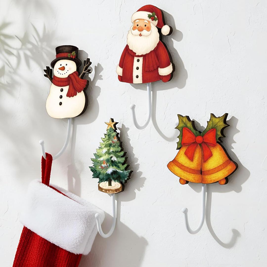 Yookeer 4 Set Christmas Wall Hooks Christmas Stocking Holders Santa Wall Hooks for Towel White Key Holder Bathroom Decor Rustic Decorative for Living Room Bathroom