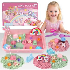 Unicorn Sensory Sand Kit for Girls Ages 3-8  2.2lbs Colorful Play Sand, Unicorn Toys, Castle & Ice Cream Molds, Tools & Sandbox with Lid  Great Christmas & Birthday Magic Sand Gift for Toddlers 3-5 (Large)