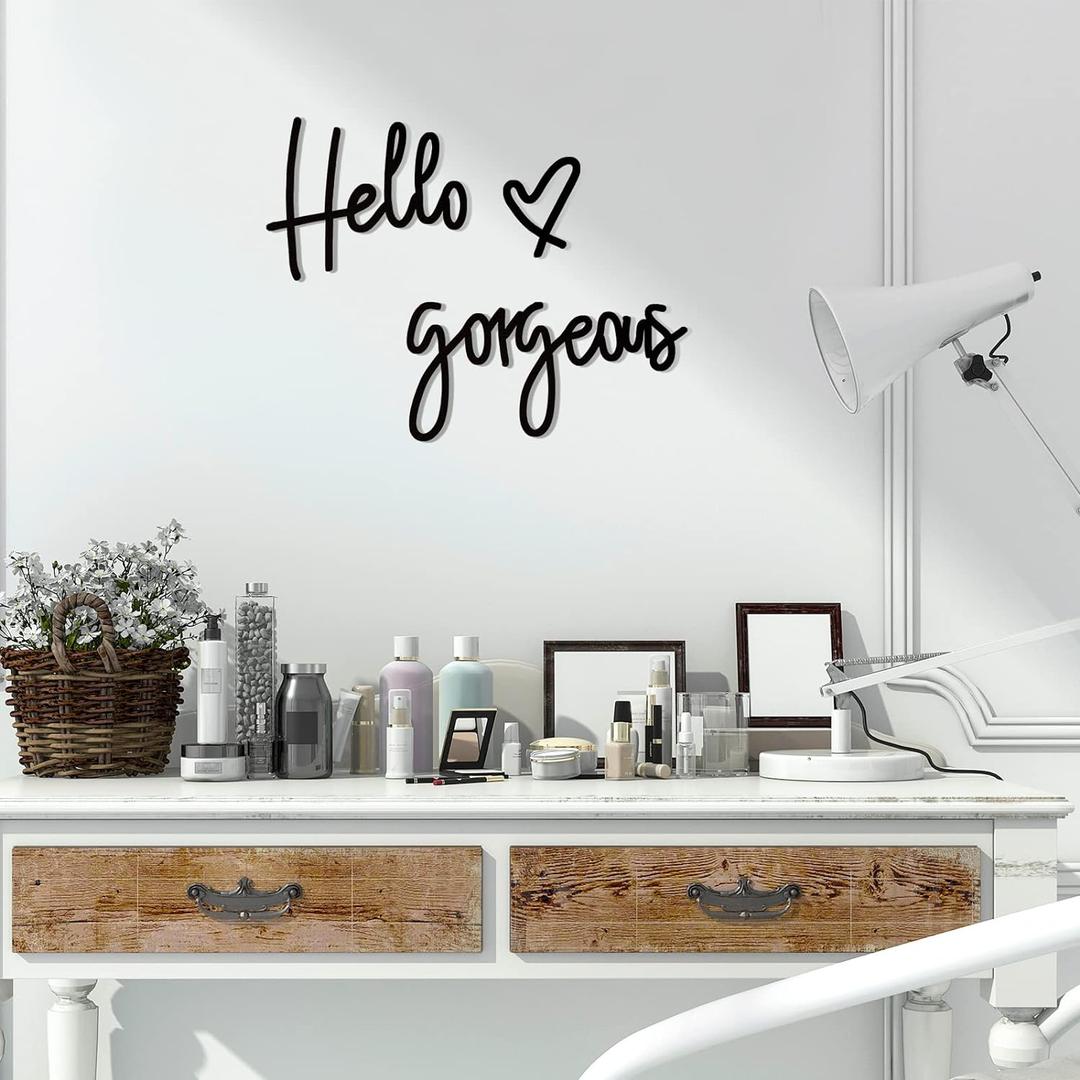 Blulu Hello Gorgeous Wall Decor Sign Hello Gorgeous Wall Art Minimalist Wooden Words Decor for Lash Room, Salon, Vanity or Makeup Room, Bathroom, Bedroom, Office(Black)