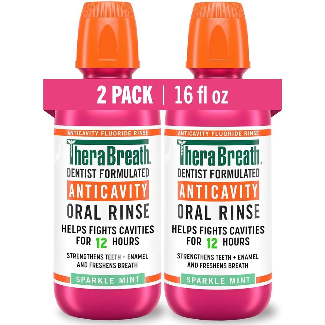 TheraBreath Anticavity Fluoride Oral Rinse Mouthwash, Fights Cavities, Strengthens Enamel and Freshens Breath, Dentist-Formulated, Alcohol-Free, Sparkle Mint Flavor, 16 fl oz, Pack of 2