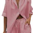 Fixmatti Women 2 Piece Outfits Long Sleeve Button Down Blouse and Shorts Sweatsuit Sets (Large, Z-pink)
