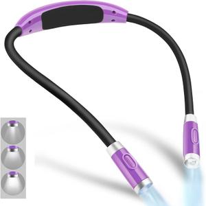 Vekkia Rechargeable LED Neck Reading Light, Book Lights for Reading in Bed, 3 Brightness Levels, Flexible Soft Silicone Arms Comfortable Wear, Long Lasting. Great for Readers, Craft & Knitting (Purple)