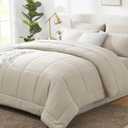 CozyLux Oversized Queen Comforter Sets Beige, 7 Pieces Bed in a Bag, Ultra-Soft All Season Bedding Sets with Stitch Quilted Comforter, Flat Sheet, Fitted Sheet, Pillowcases, Beige