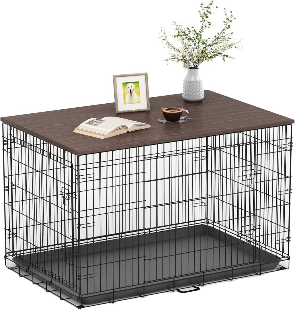 Piskyet Dog Crate Topper Wood Countertop for 42 inch Dog Cage, Dog Crate Cover, Dog Kennel Topper (Crate Not Include) (Walnut, for 42 Inch Crate)