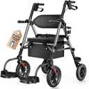 Walkers for Seniors, 2 in 1 Rollator Wheelchairs Combo 10" Big Wheels Walker with Seat, Rollator Transport Chair with Brakes Folding Rolling Walker for Adults, Grey