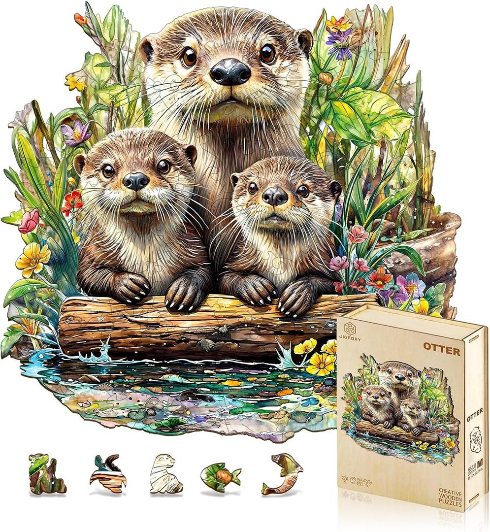 Jigfoxy Wooden Puzzles for Adults, Otter Wood Puzzle for Adults, Unique Animal-Shaped Wooden Jigsaw Puzzle, Christmas Thanksgiving Gifts for Puzzle Lovers, Family and Friends (S-8.5 * 8.1in-100pcs)