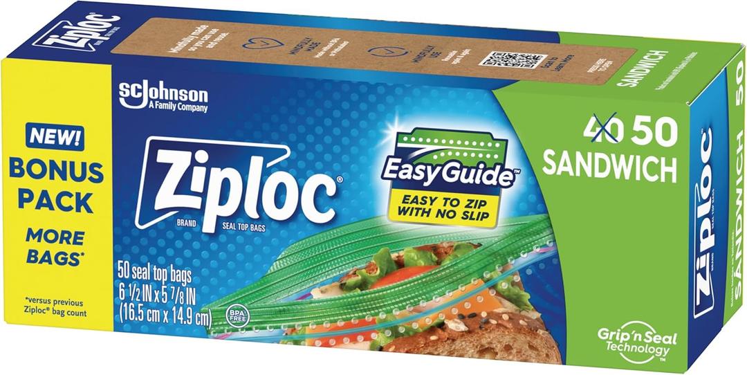 Ziploc Sandwich and Snack Bags with EasyGuide Texture, Plastic Storage Bags with Grip 'n Seal Technology, 50 Bags Total